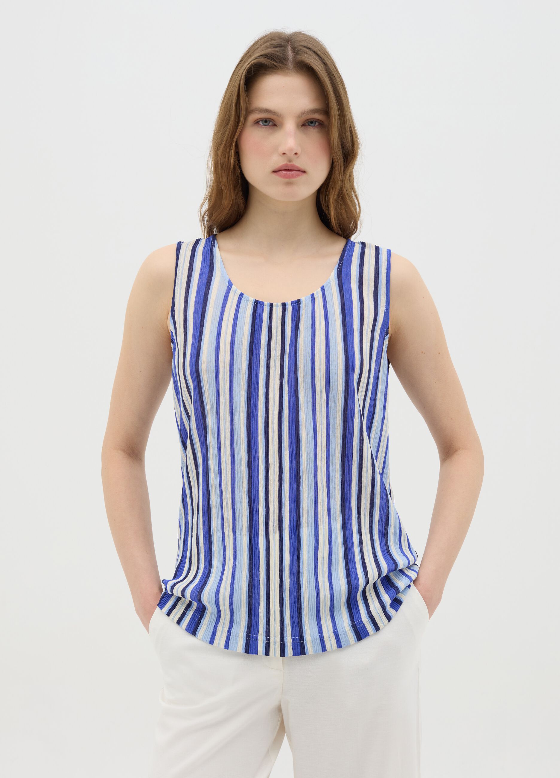 Blue Striped Tank Top in Mixed Fabric