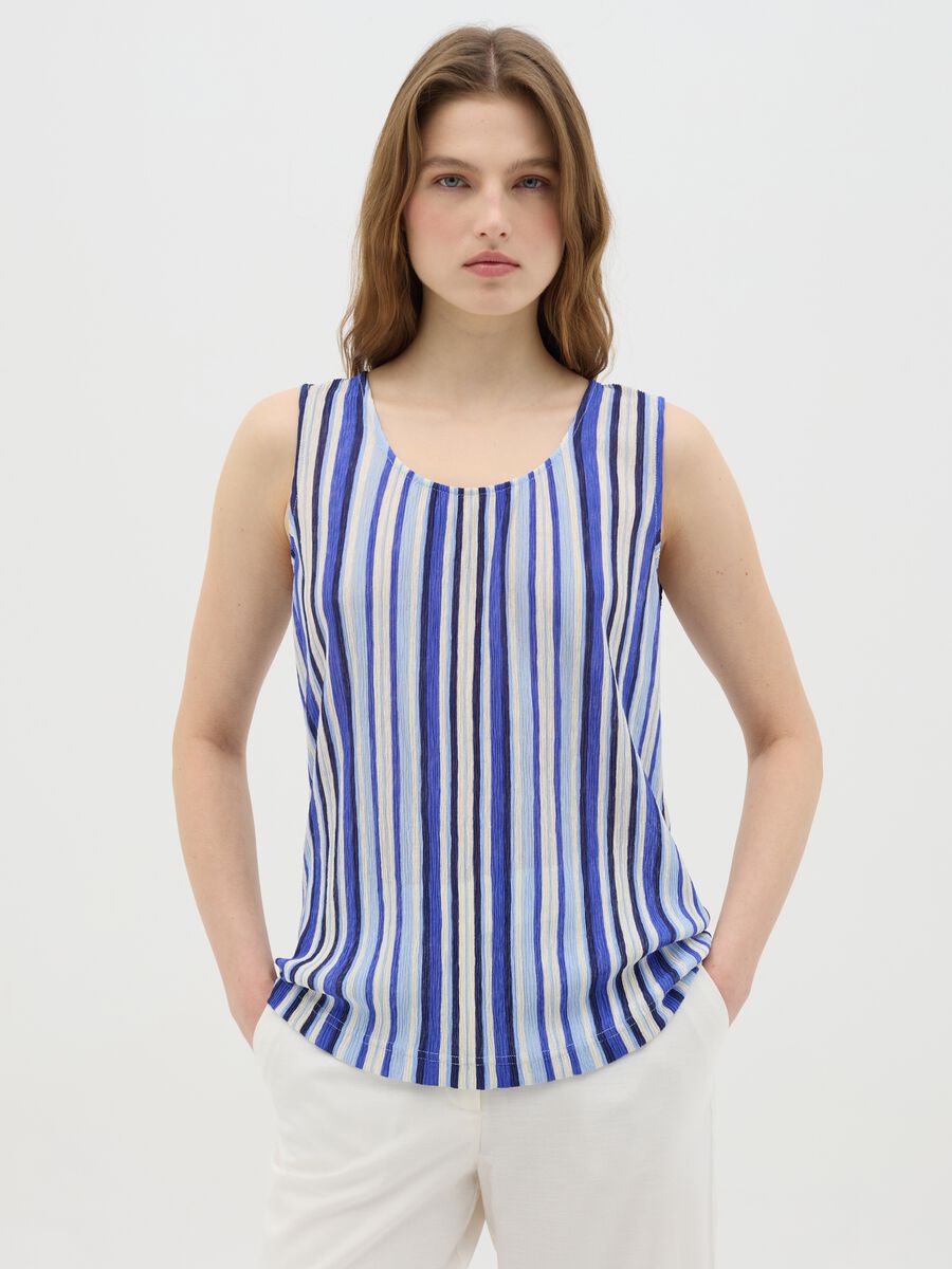 Blue Striped Tank Top in Mixed Fabric_0