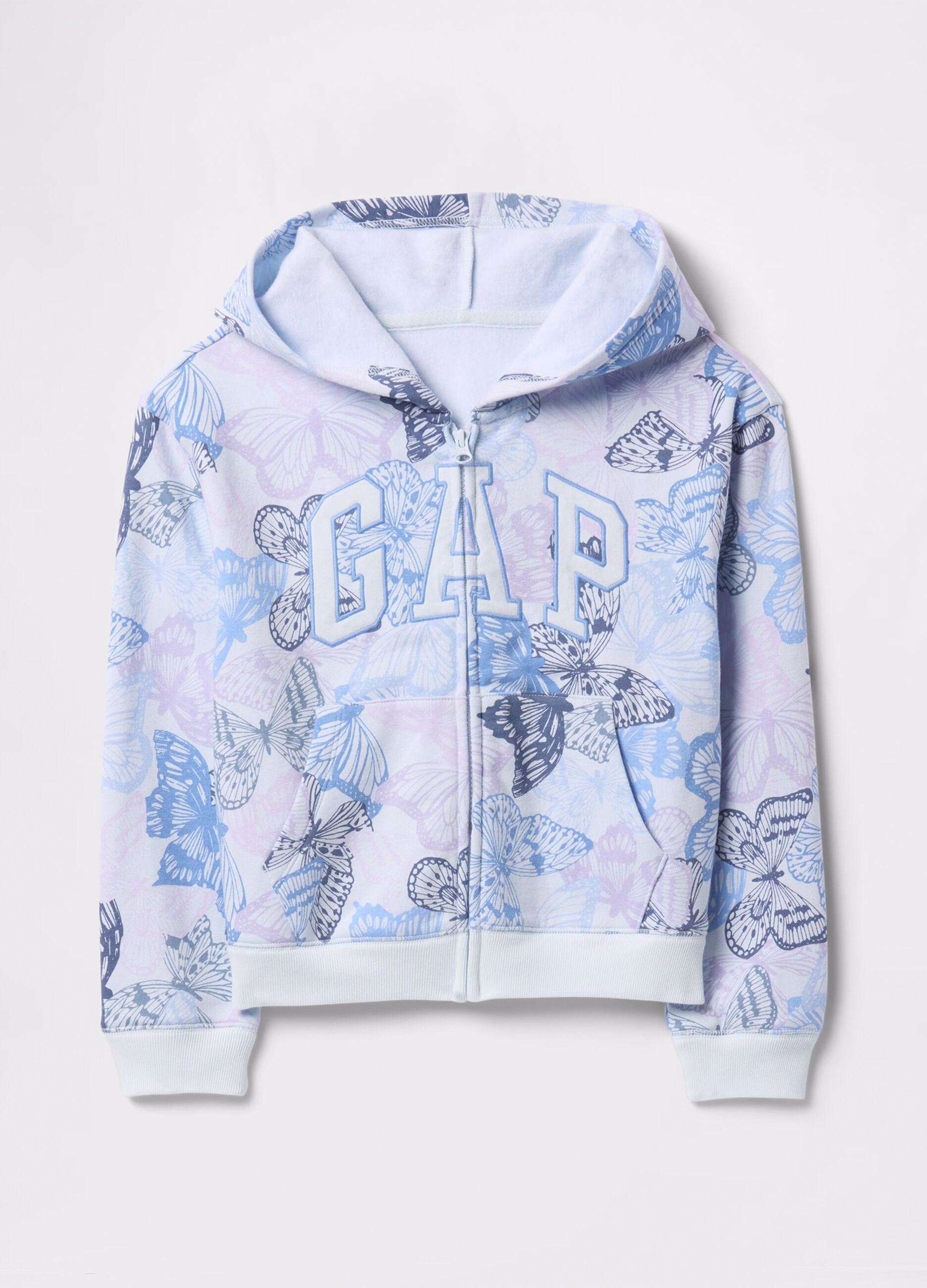 Light blue and purple full-zip sweatshirt with hood, butterflies print and logo embroidery
