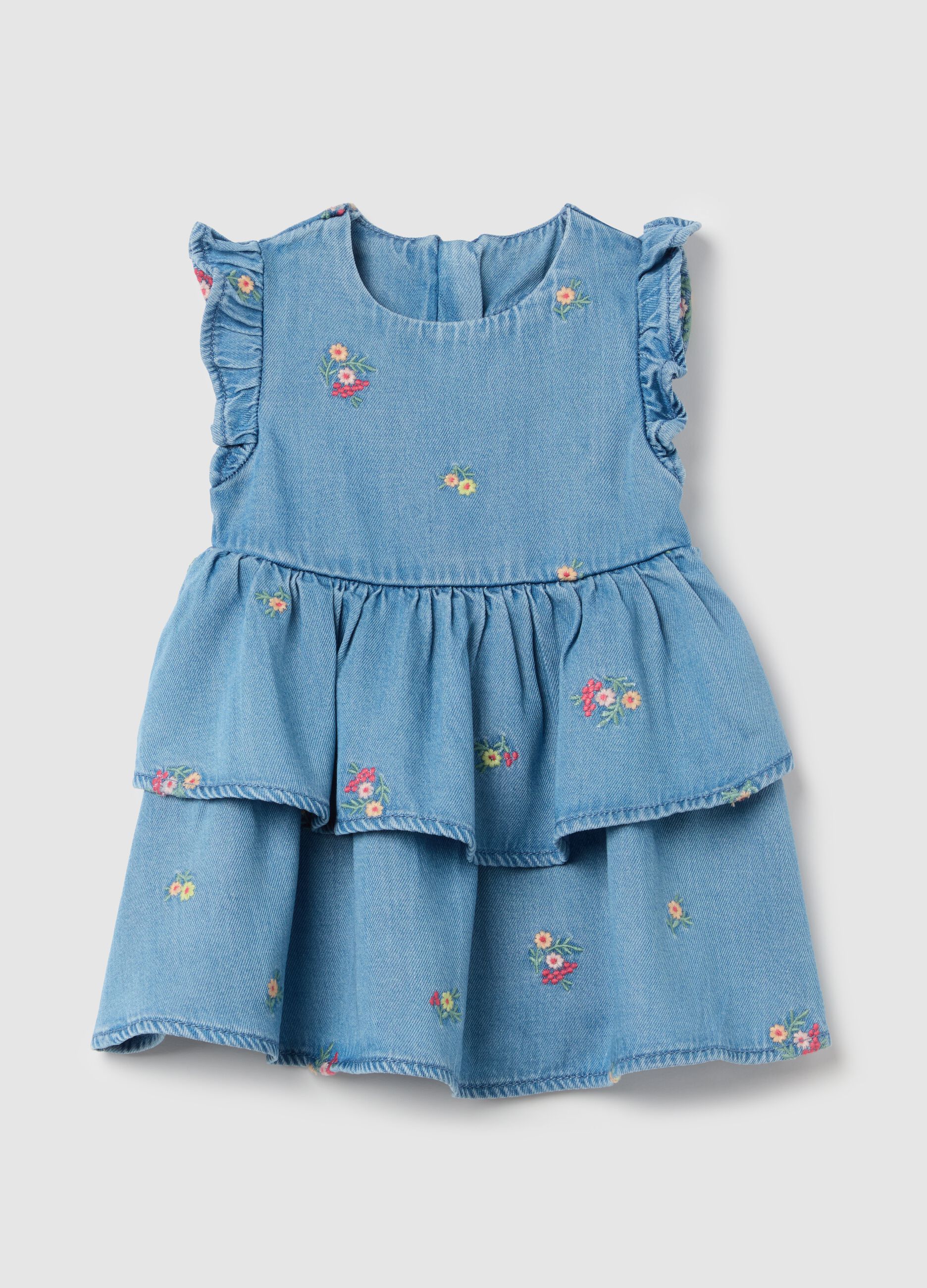 Tiered denim dress with flowers embroidery