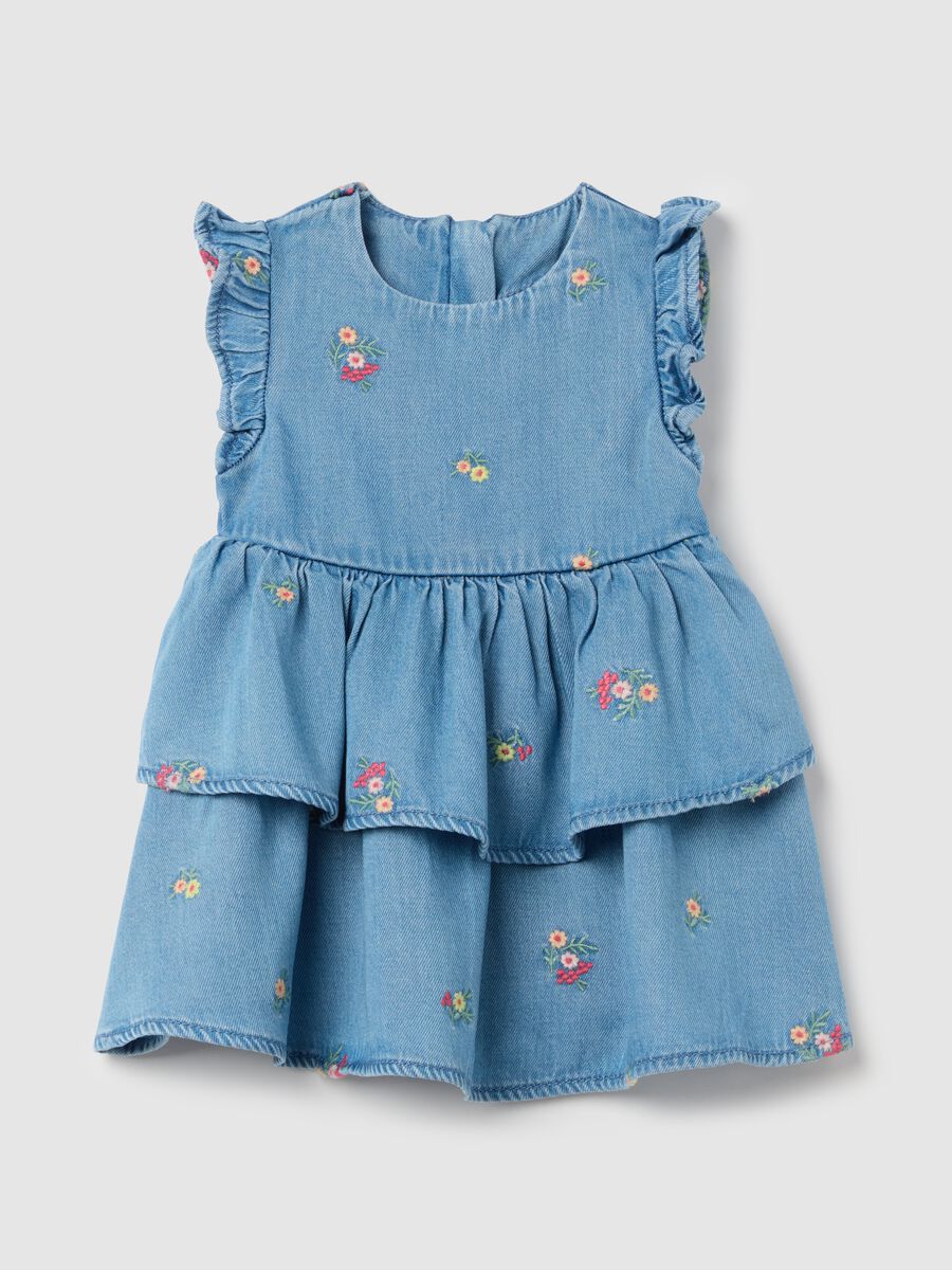 Tiered denim dress with flowers embroidery_0
