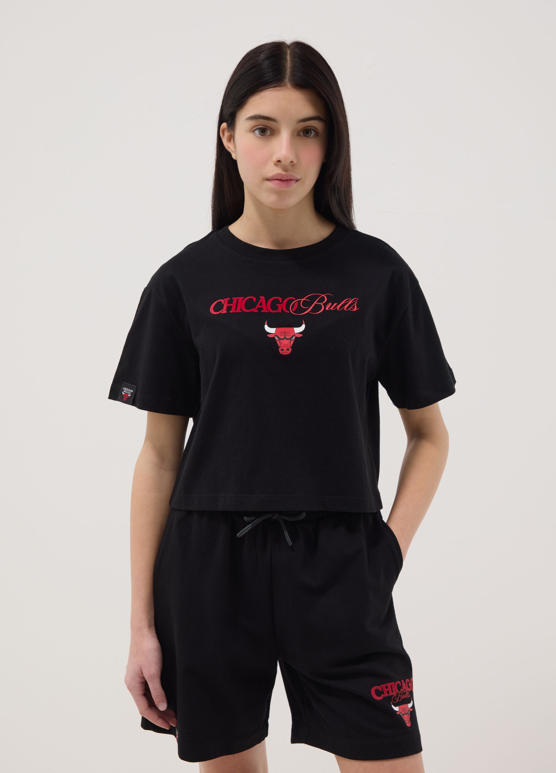 Girls' pure black cotton relaxed fit Chicago Bulls T-shirt