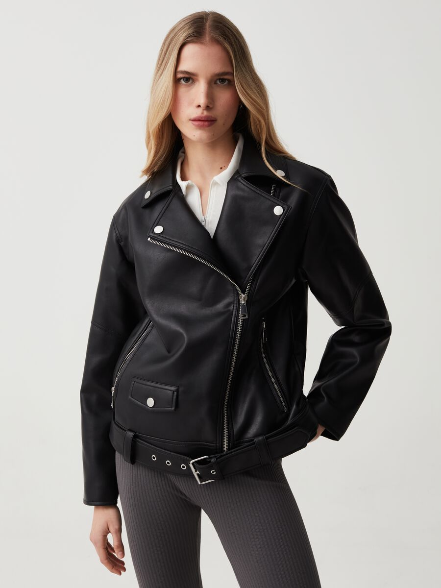Oversized-fit glossy-effect biker jacket_0