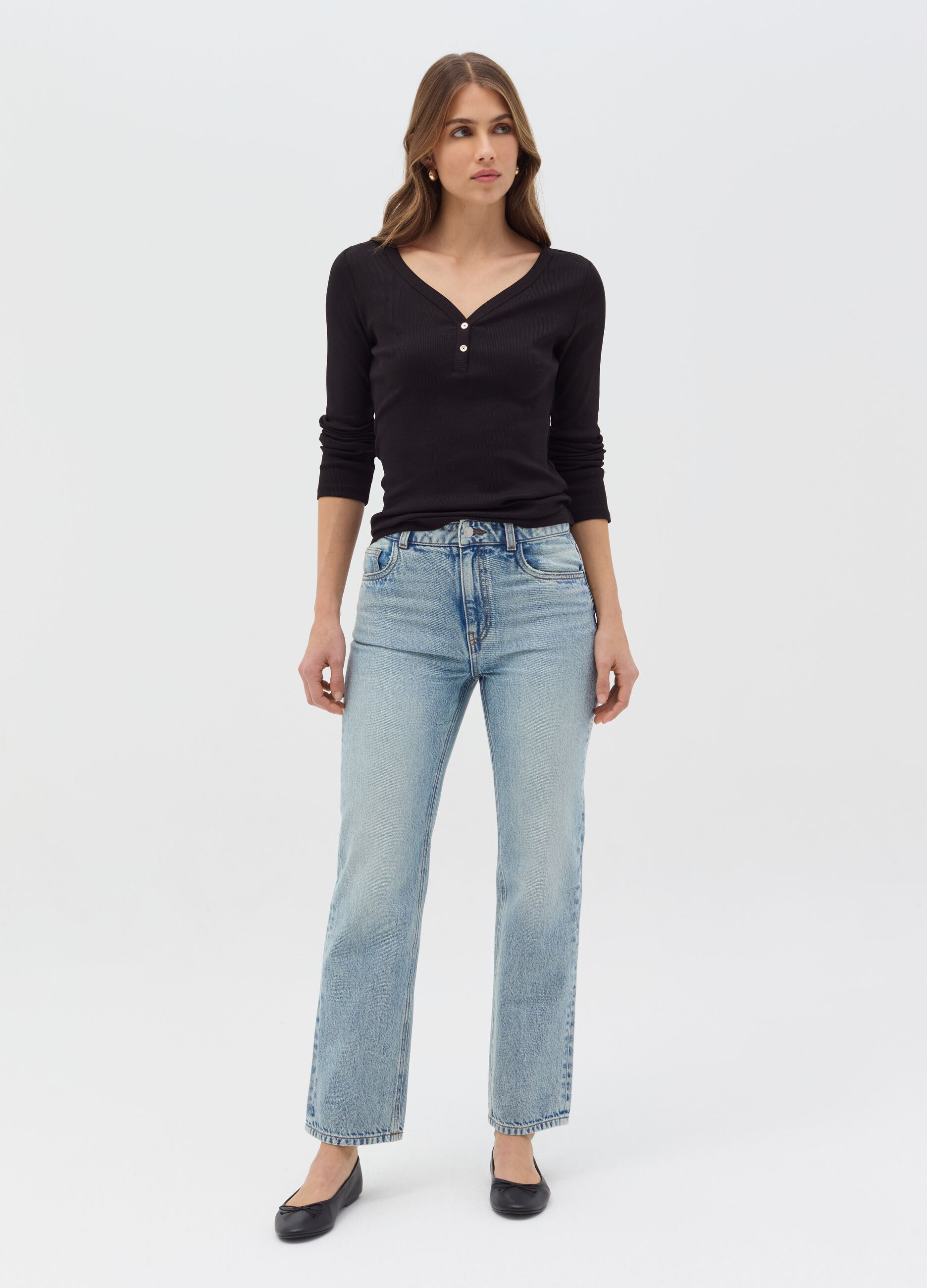 Ribbed t-shirt with granddad collar