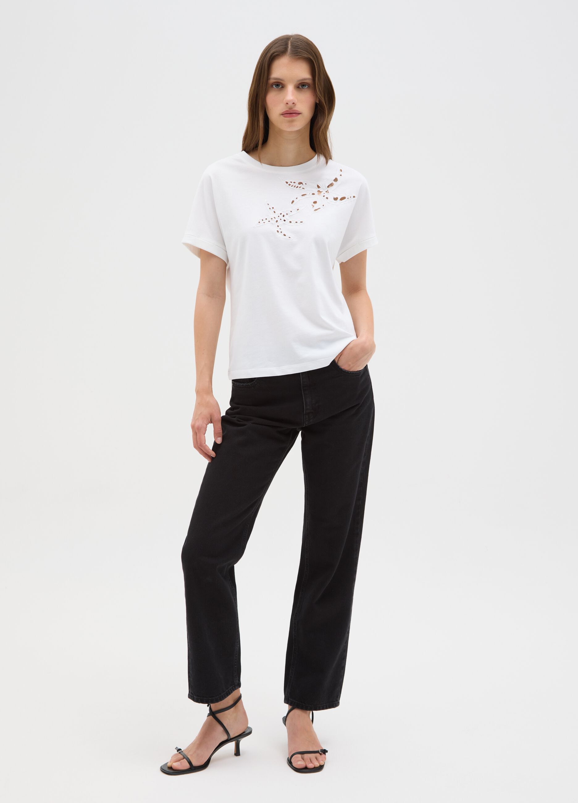 Women's White Cotton T-shirt Regular Fit with Embroidery