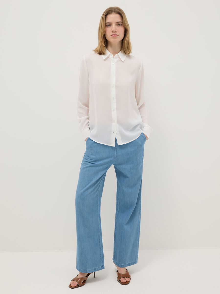 Blue wide leg denim trousers in pure cotton with elastic waistband_0