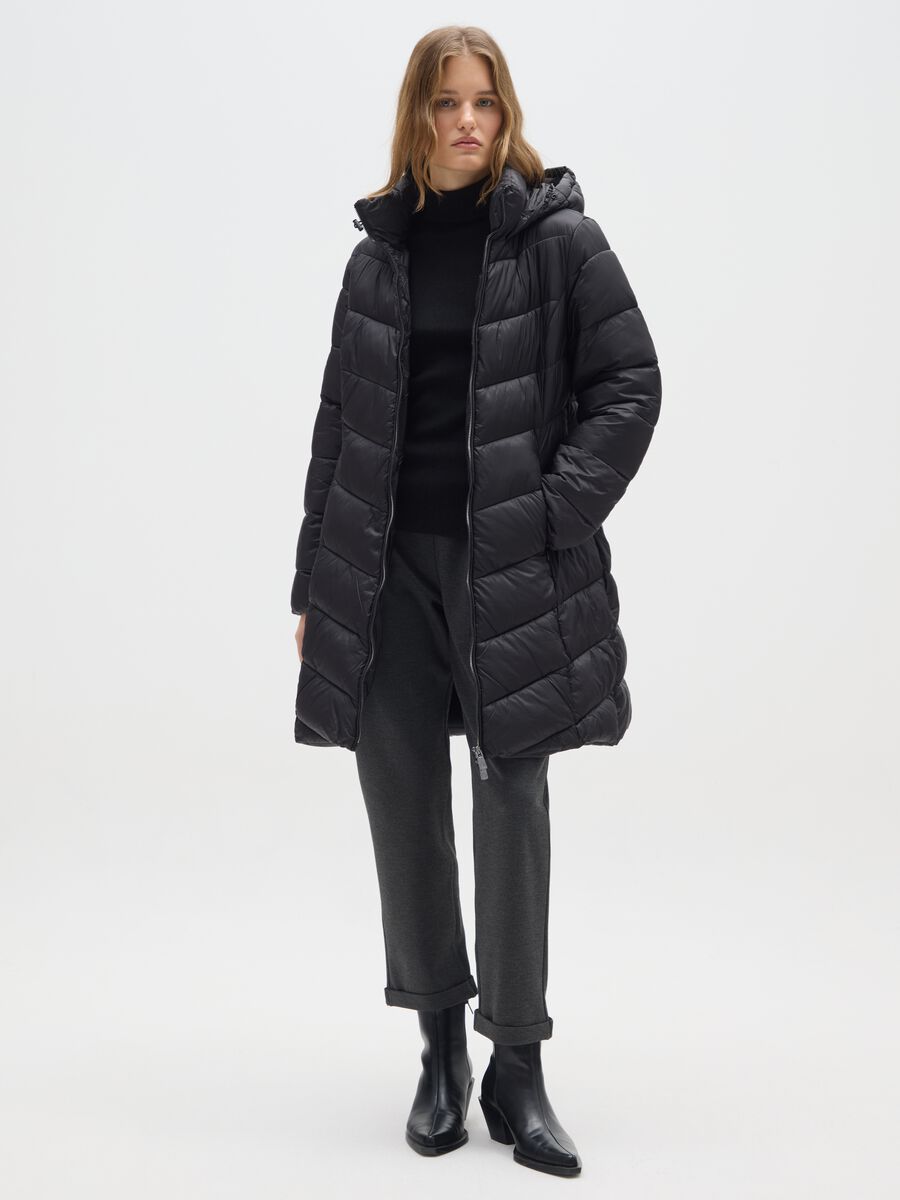 Black padded jacket with hood in technical fabric_1