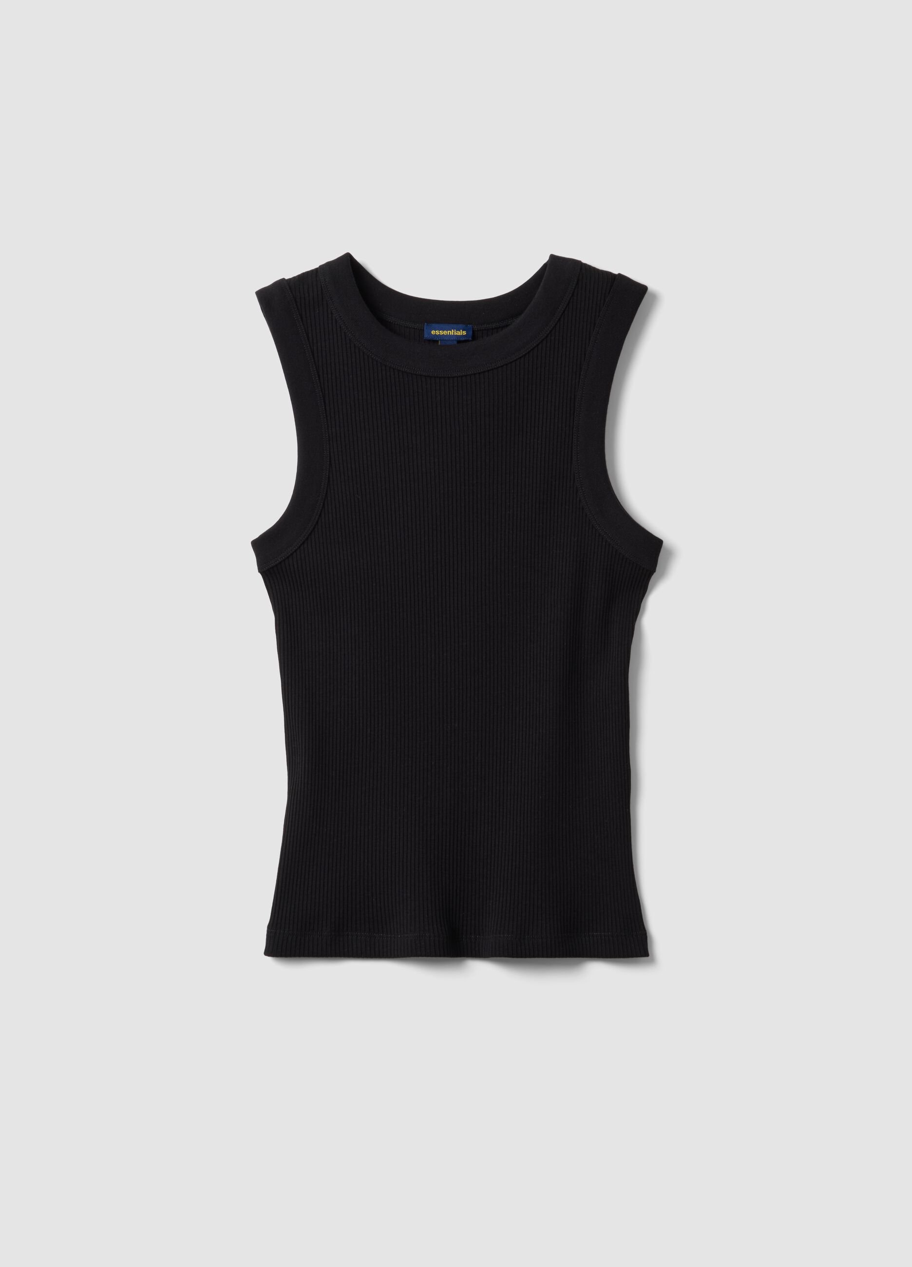 Tank top nero in cotone elasticizzato a costine fitted