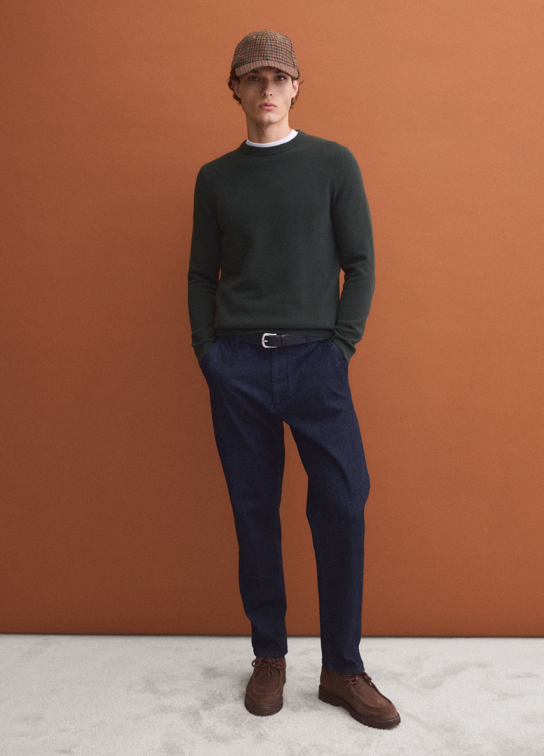 Green pure cotton crew-neck jumper, regular fit