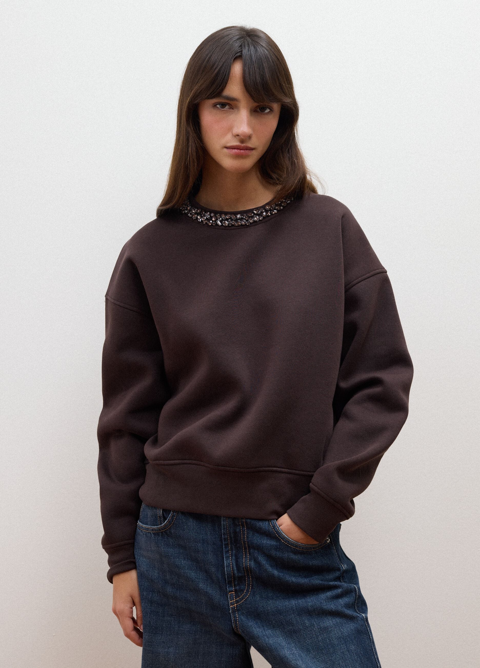 Brown cotton-blend sweatshirt with rhinestones
