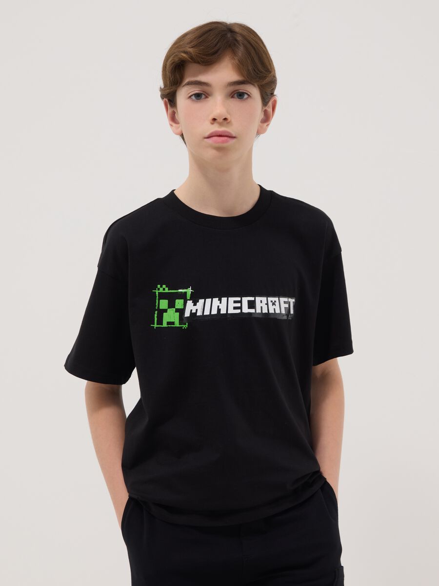 T-shirt in puro cotone nero da ragazzo relaxed fit con stampa_0