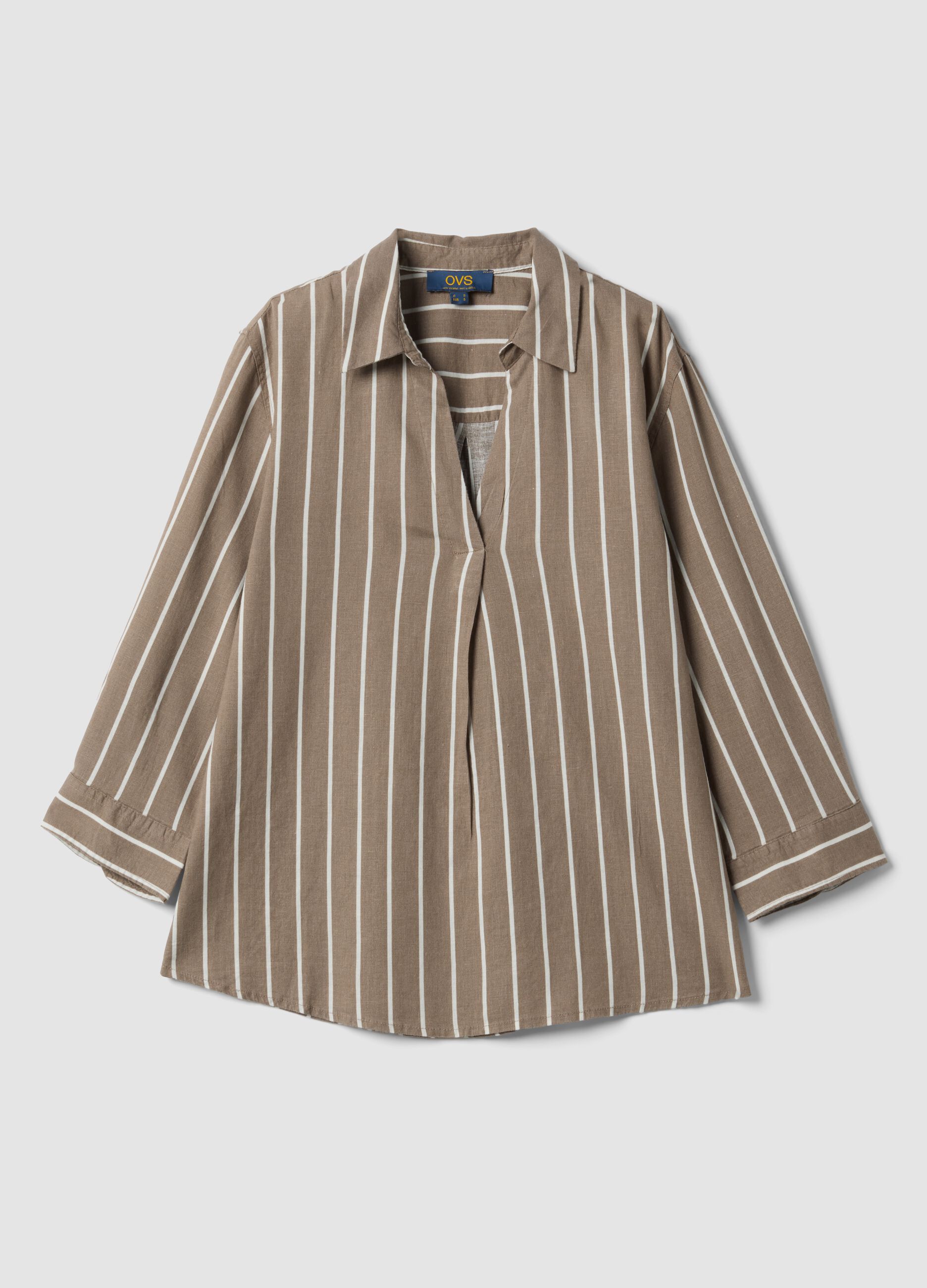 Brown striped linen-viscose blend shirt