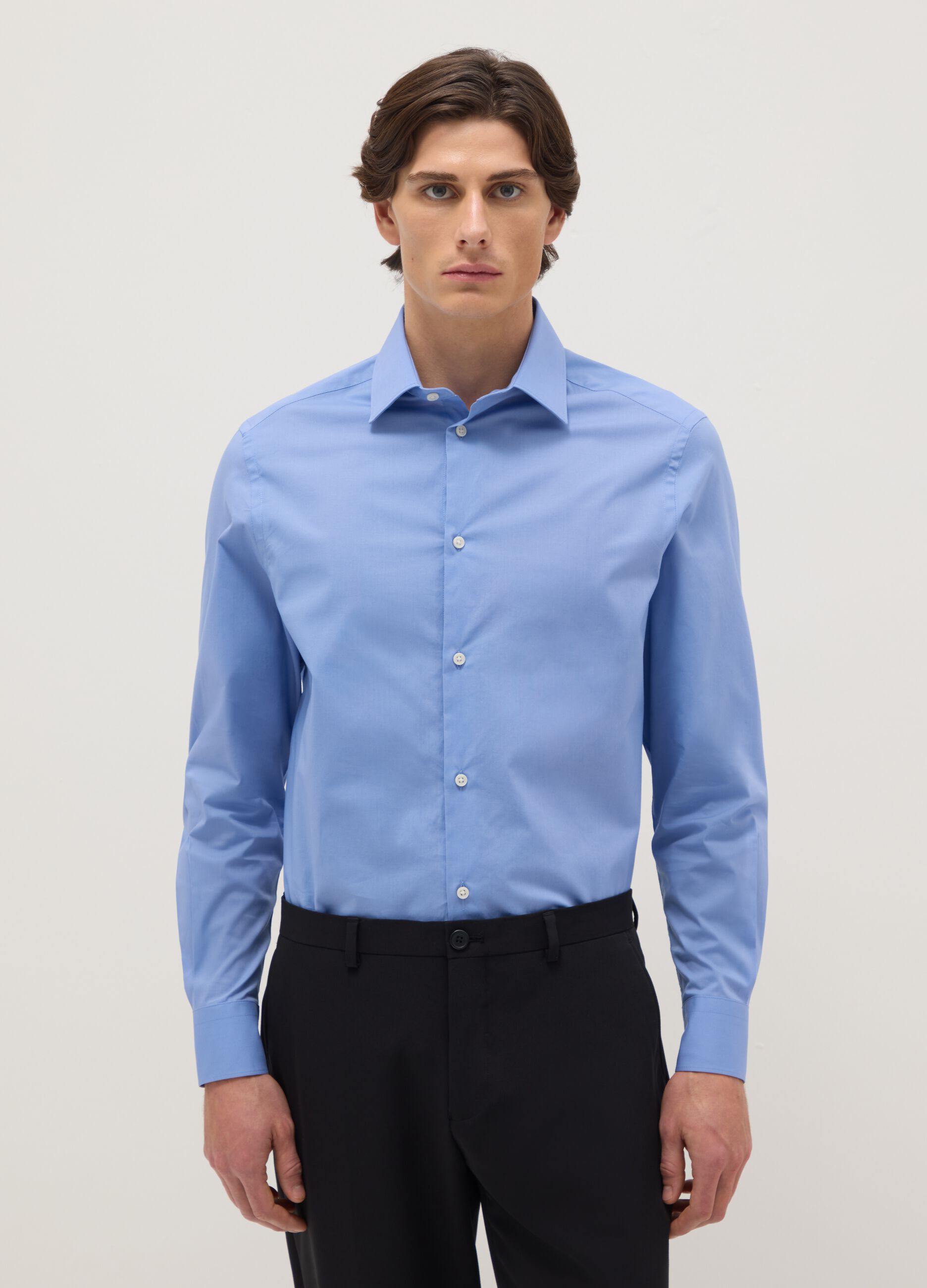 Blue stretch cotton regular fit shirt with classic collar