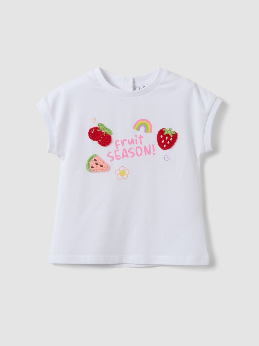 Girls' white stretch cotton T-shirt regular fit with embroidery_0