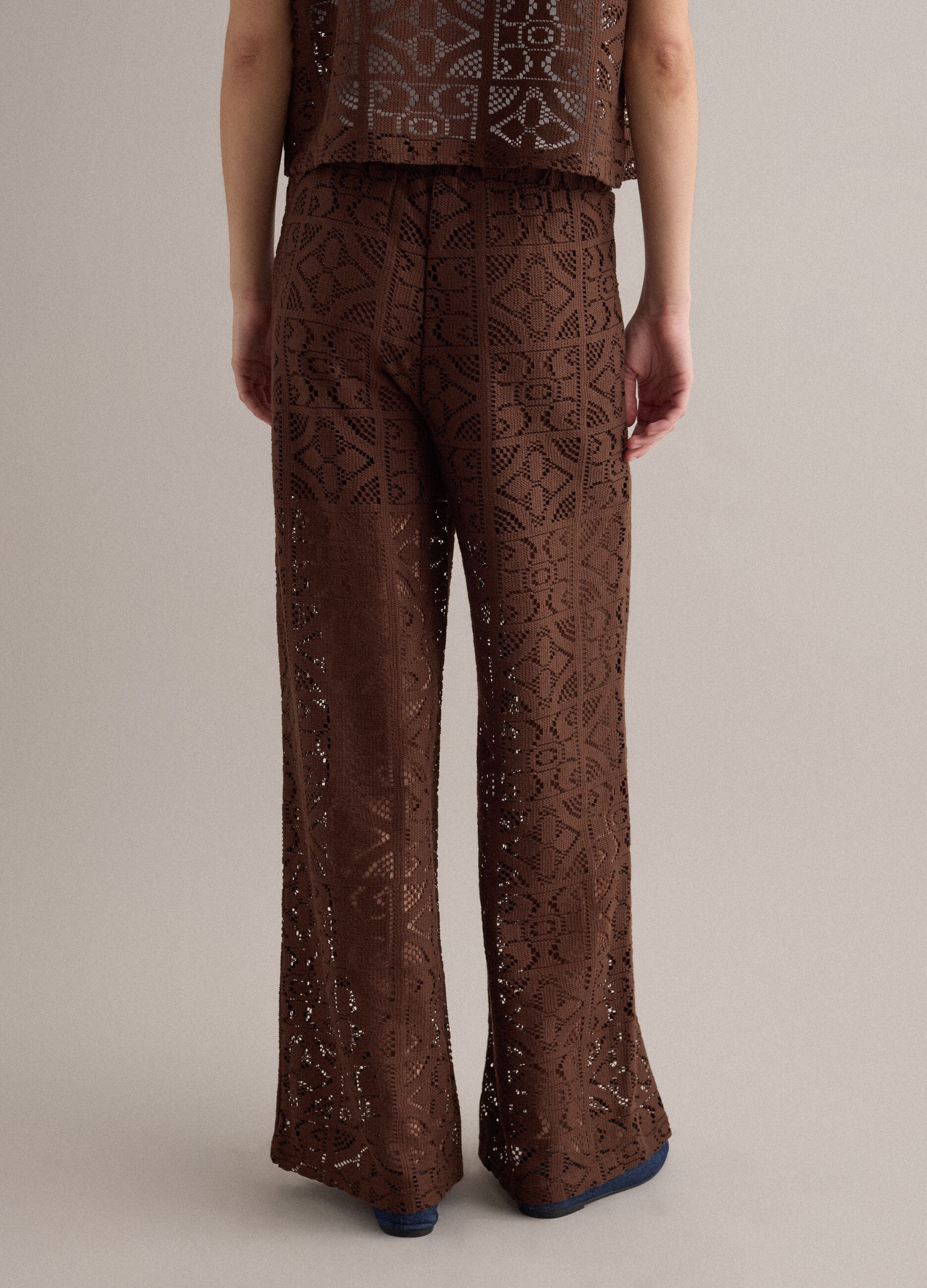 Brown openwork wide-leg trousers with elasticated waistband