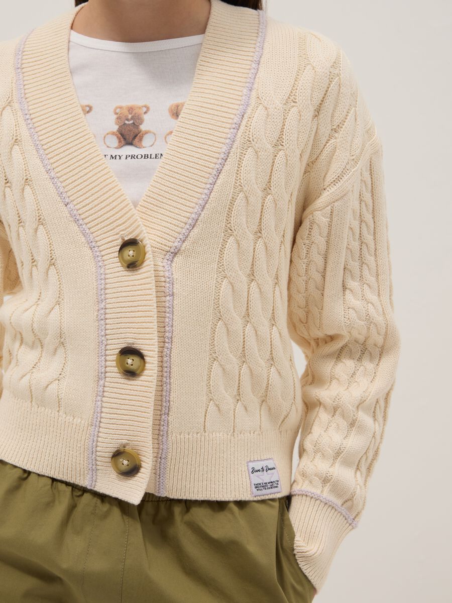 Beige cotton blend woven cardigan for girls with oversized fit_2