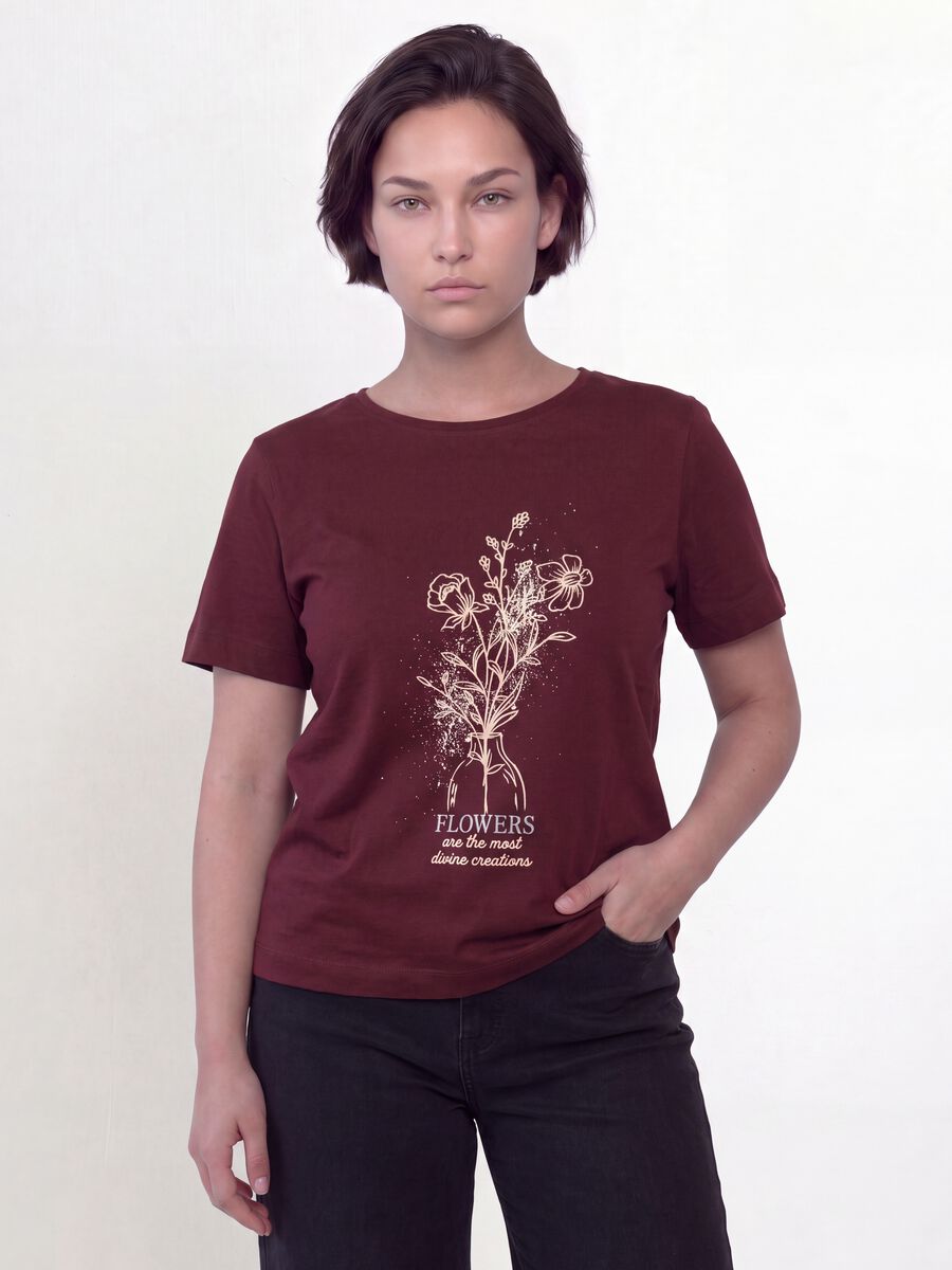 T-shirt rossa in puro cotone con stampa floreale regular fit_1