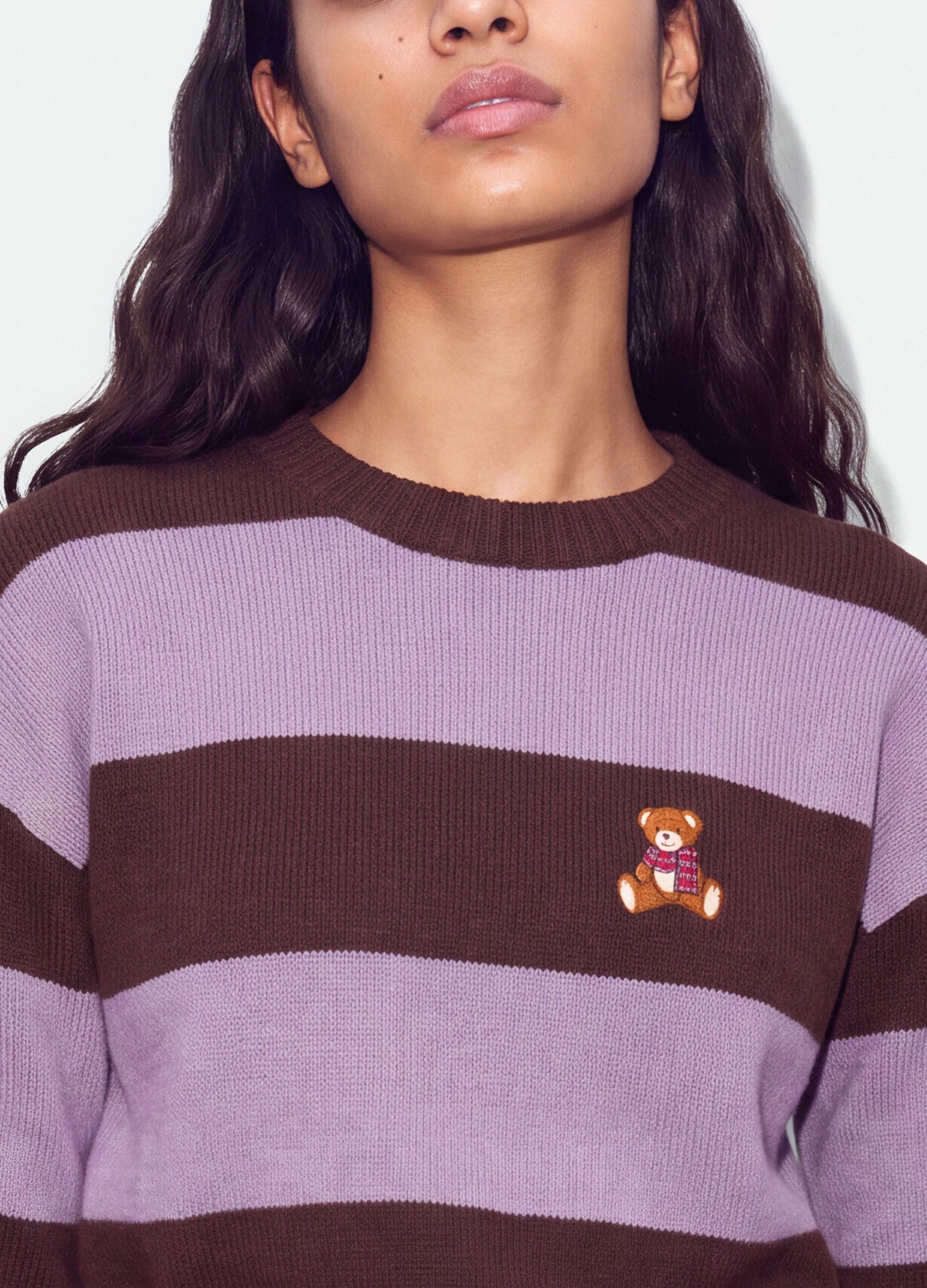 Multicolour striped viscose-blend jumper with teddy bear embroidery, regular fit