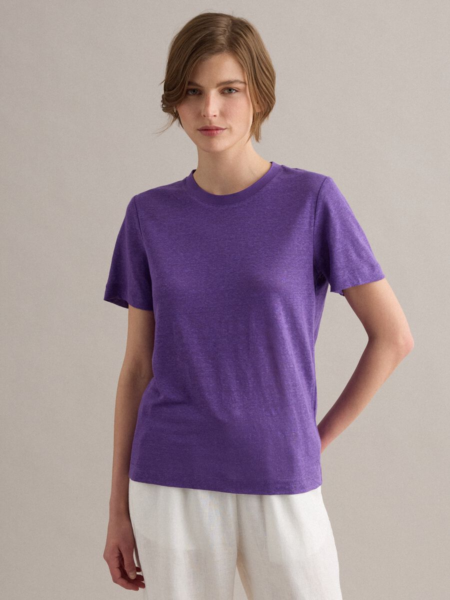 Purple pure linen regular-fit short-sleeve T-shirt_1
