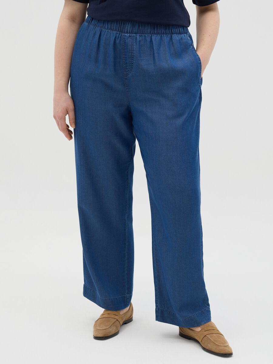 Curvy blue jogger trousers with denim effect_1