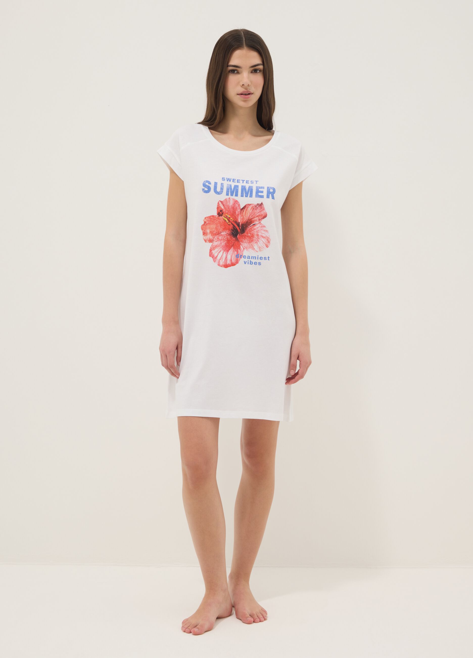 Camicia da notte bianca in puro cotone organico regular fit con fiore