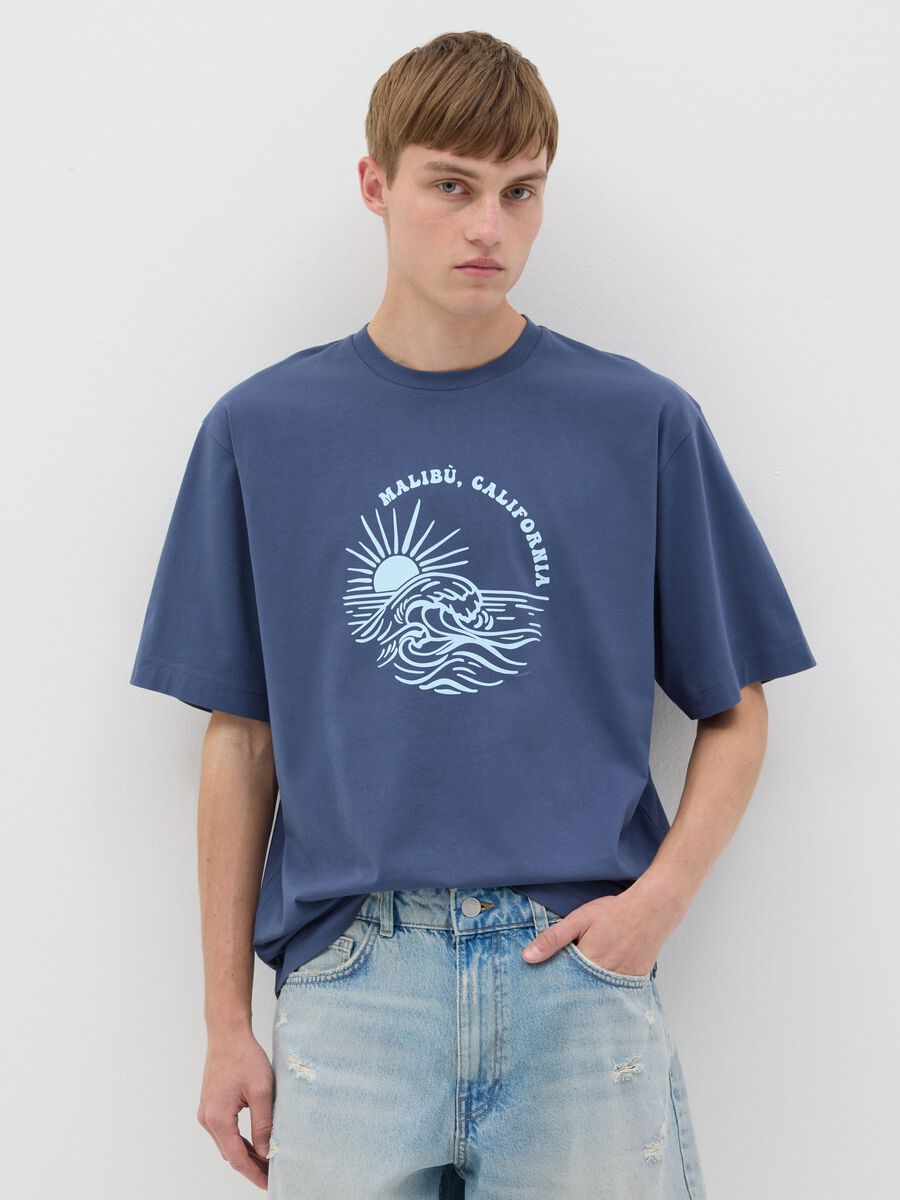 Men's blue cotton T-shirt with Malibu print_0
