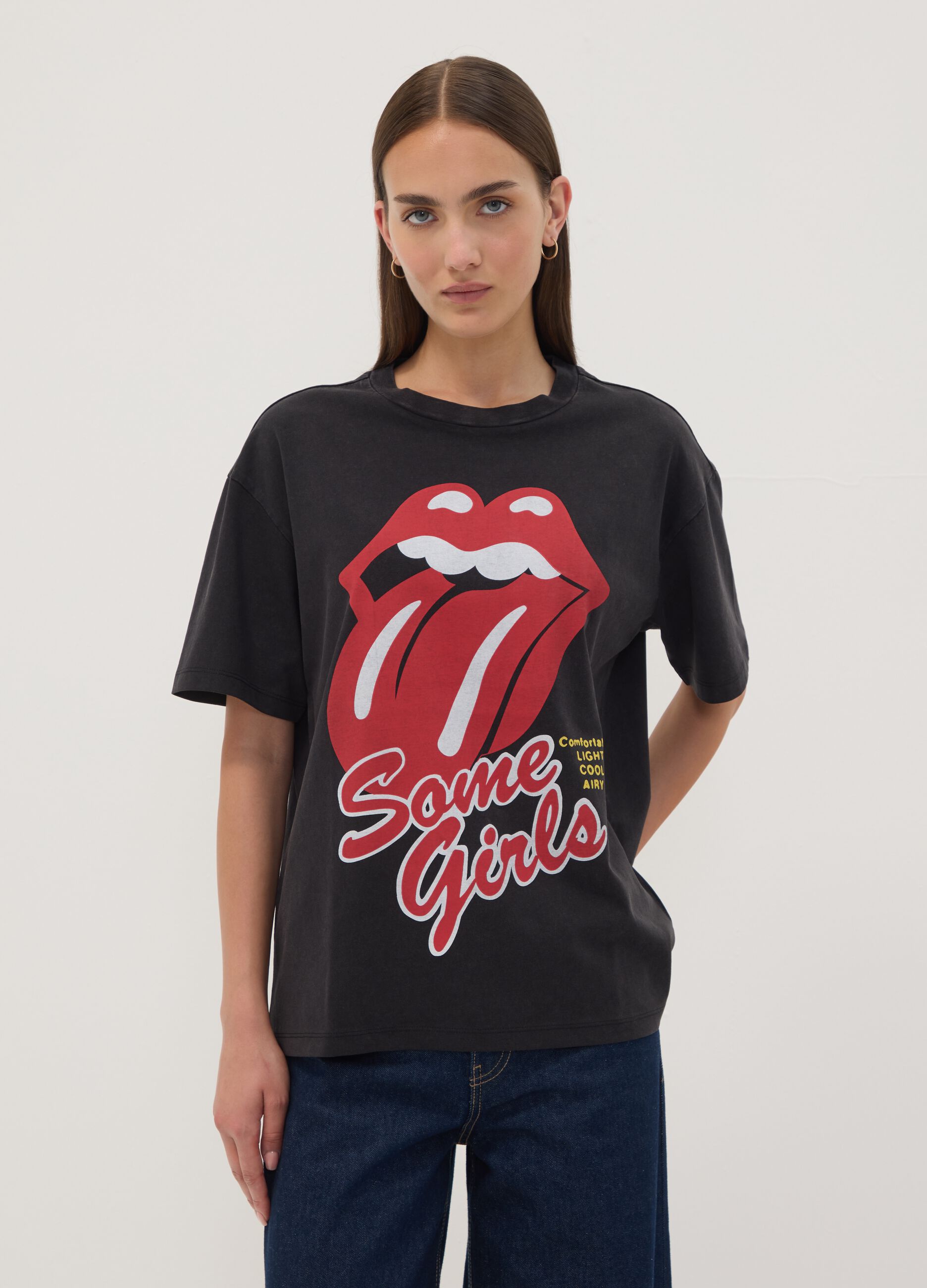 Black pure cotton T-shirt with The Rolling Stones print
