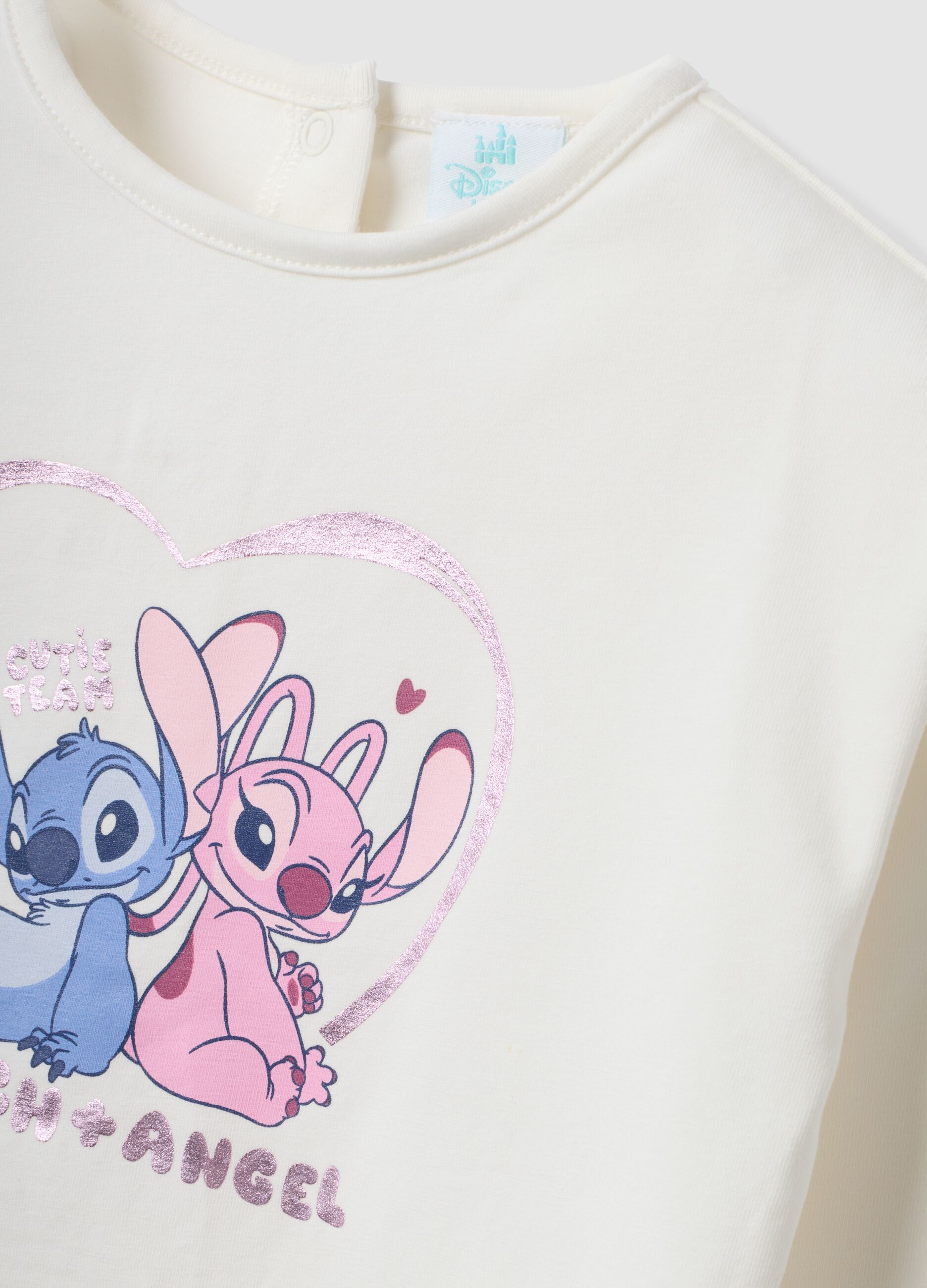 White long-sleeve stretch-cotton T-shirt with Lilo & Stitch print