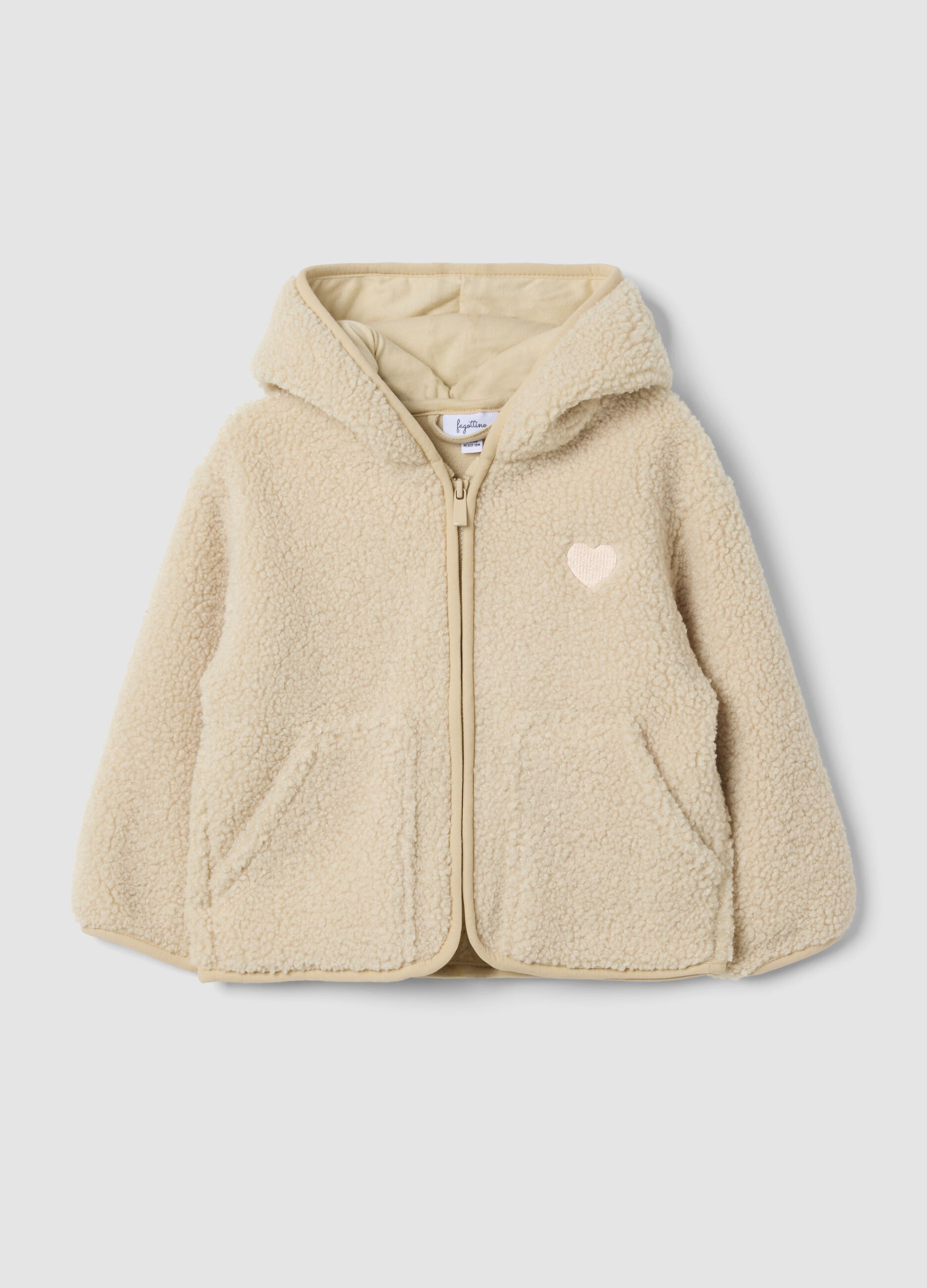 Beige hooded zip-up oversized jacket with teddy texture