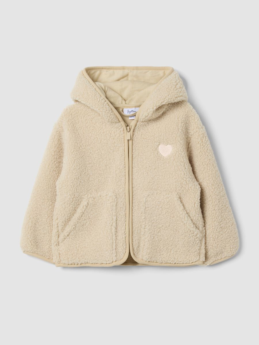 Beige hooded zip-up oversized jacket with teddy texture_0