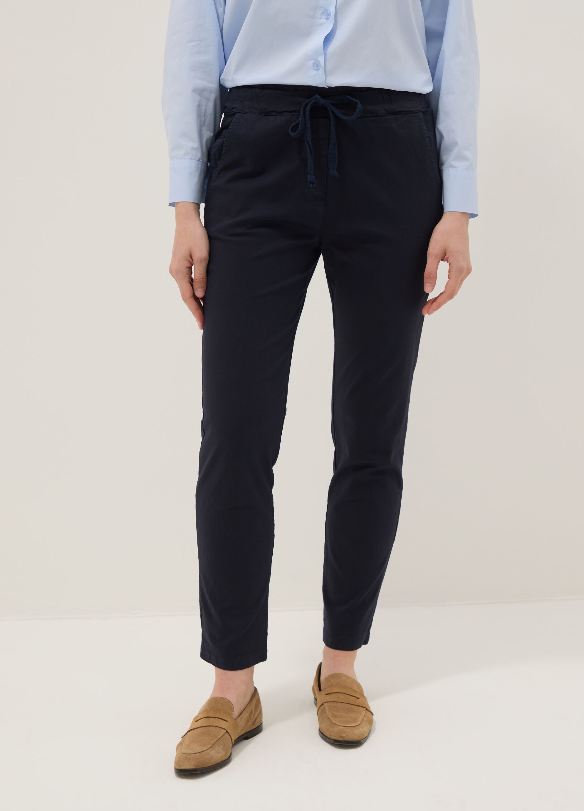Blue stretch cotton trousers with drawstring