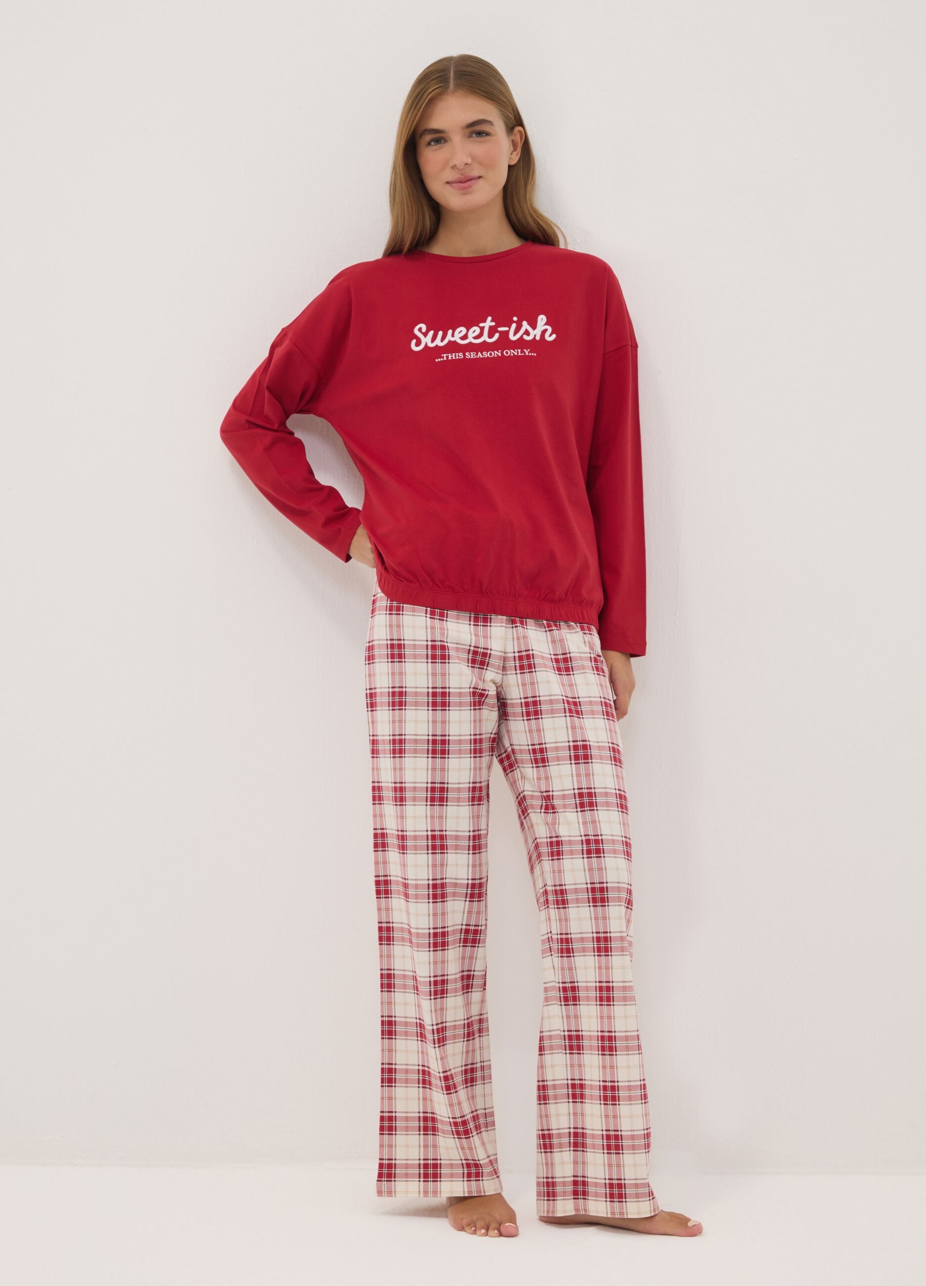 Red pure organic cotton crew-neck pyjamas
