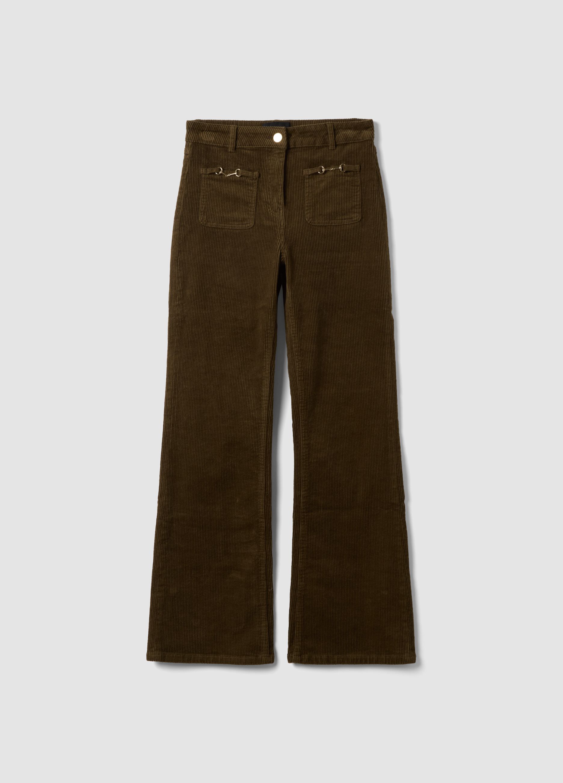 Green flared ribbed stretch-cotton trousers