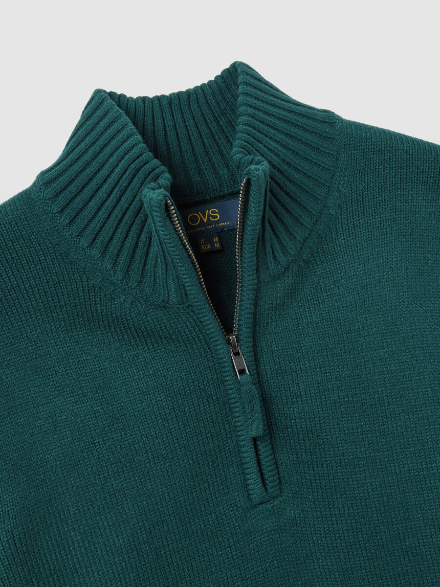 Green Regular Fit High-Neck Sweater with Short Zip_5