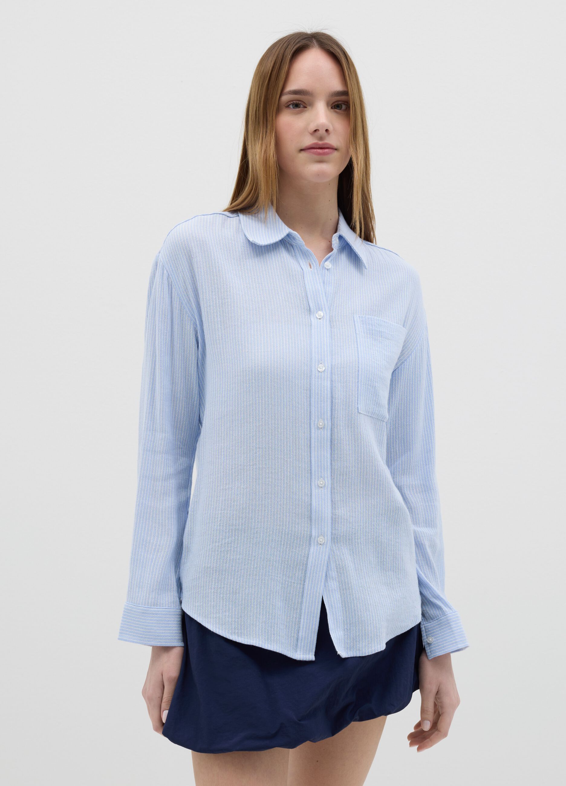 Striped blue chambray shirt in cotton and linen
