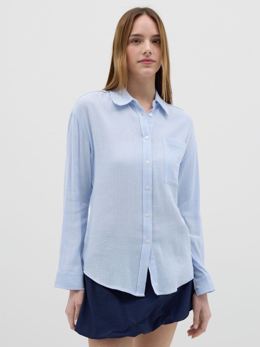 Striped blue chambray shirt in cotton and linen_0