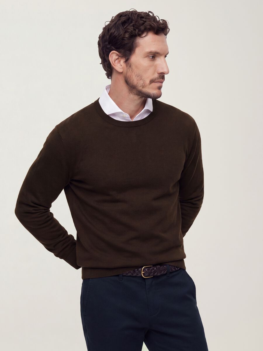 Brown crew-neck jumper in viscose blend, regular fit_0