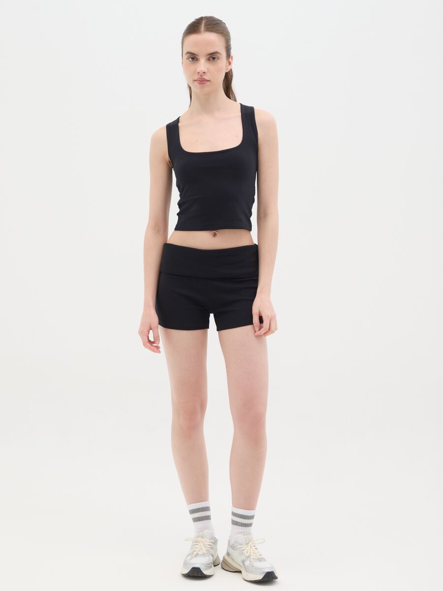 Women's pure cotton black slim fit shorts with turnover_0