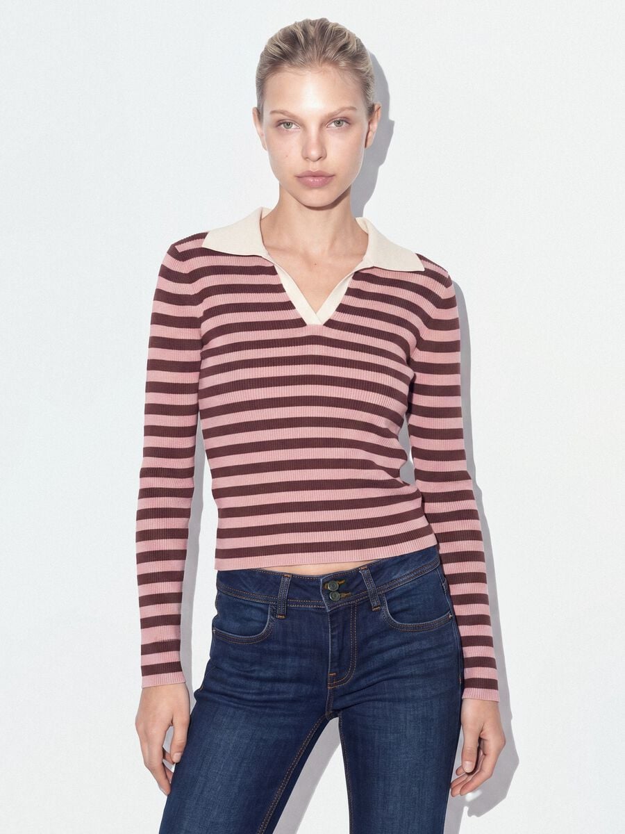 Multicolour striped viscose-blend fitted polo-collar jumper_0