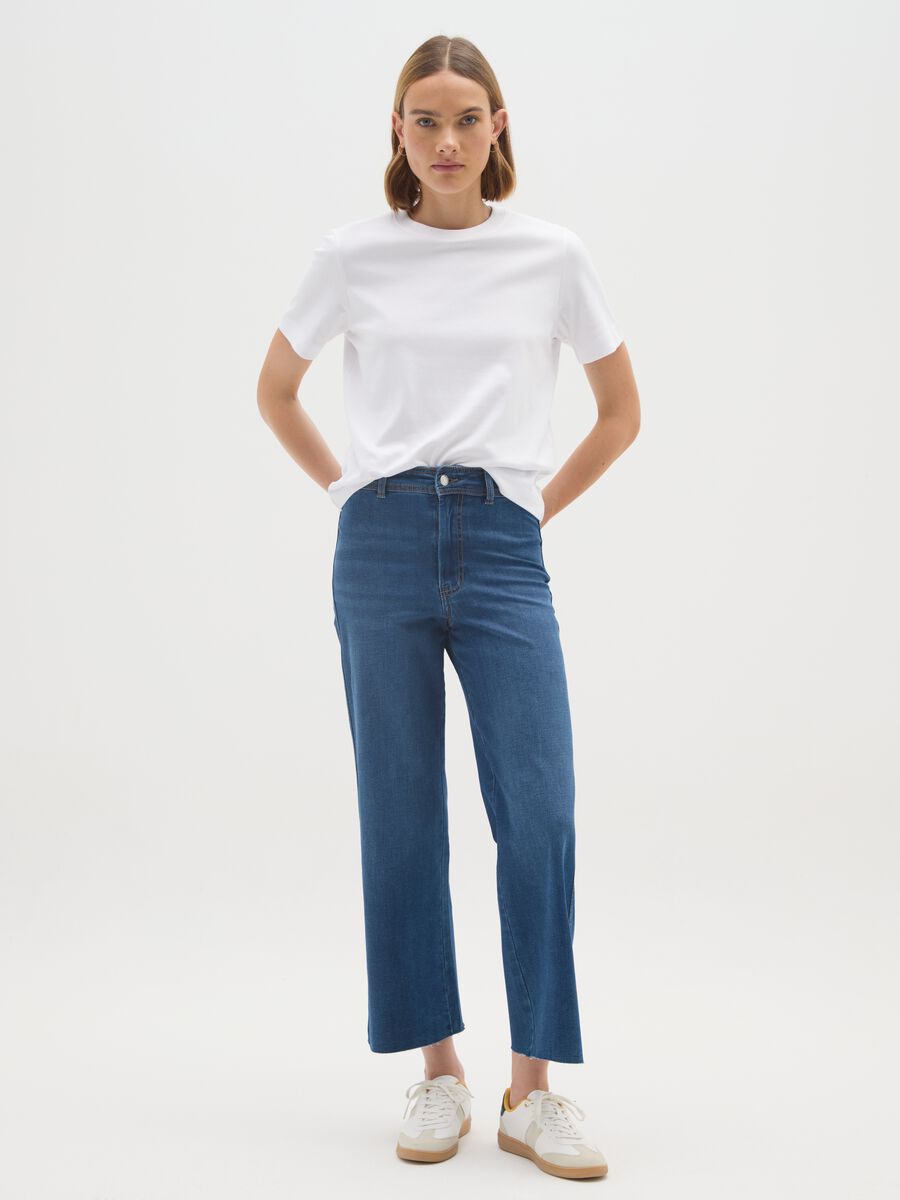 Blue Wide Leg Stretch Cotton Blend Jeans_0