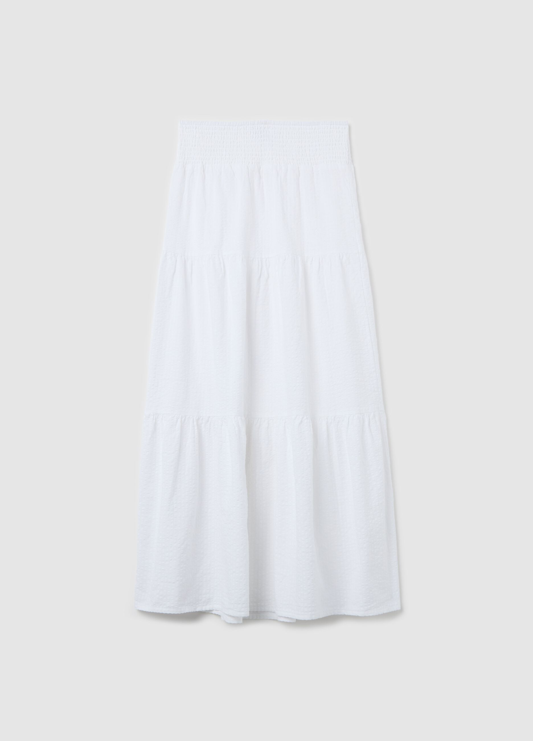 Long white tiered skirt in seersucker