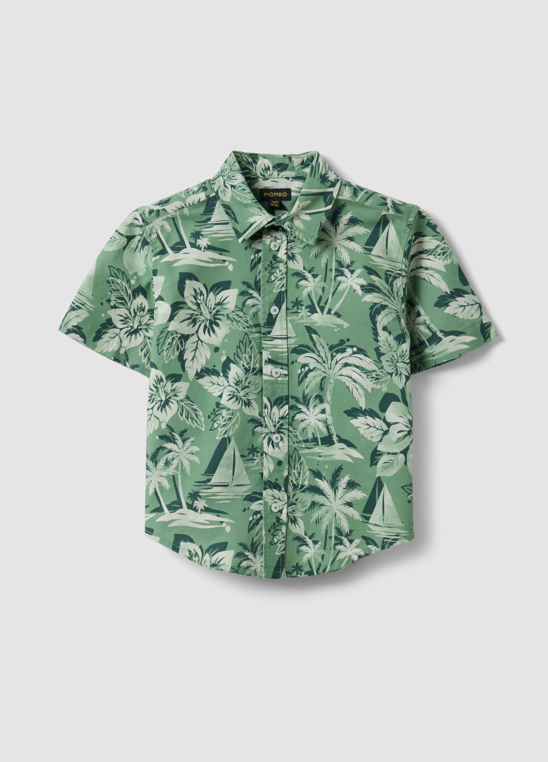 Camicia verde in puro cotone con stampa tropicale over fit