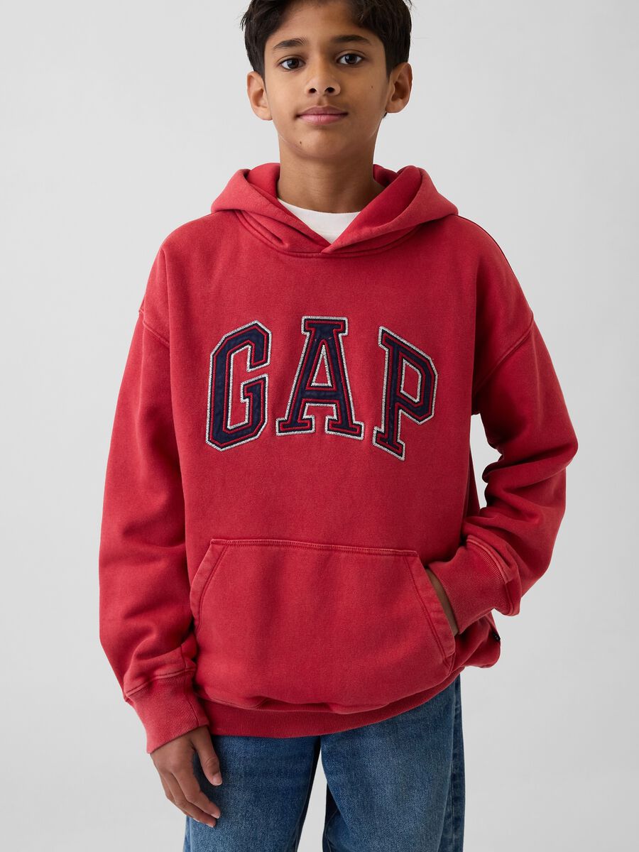Felpa in misto cotone rossa da bambino regular fit con cappuccio e logo_0