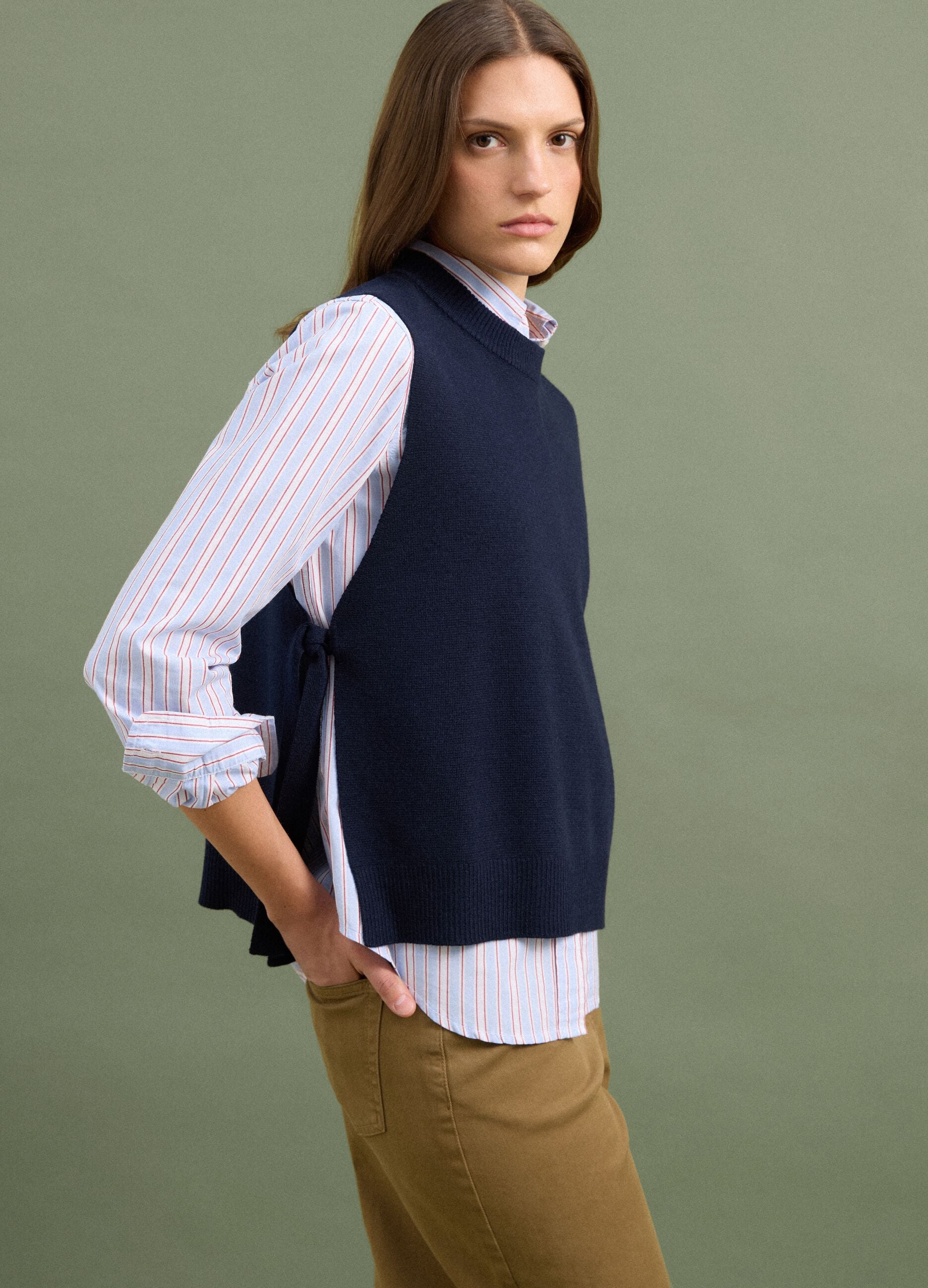 Blue wool-blend crew-neck gilet with tie-fastening side tabs, regular fit