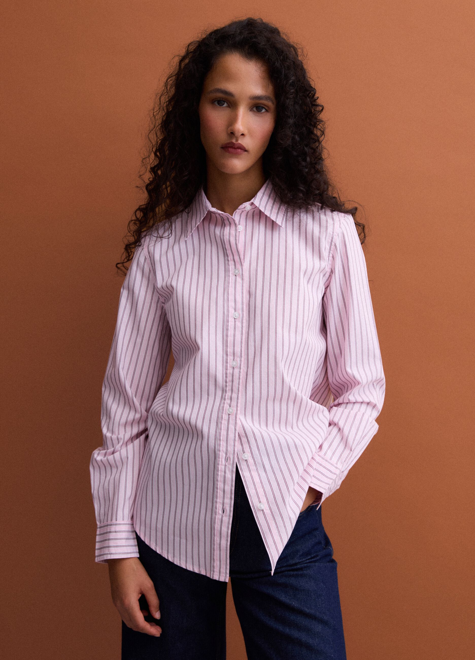 Pink striped poplin shirt, regular fit