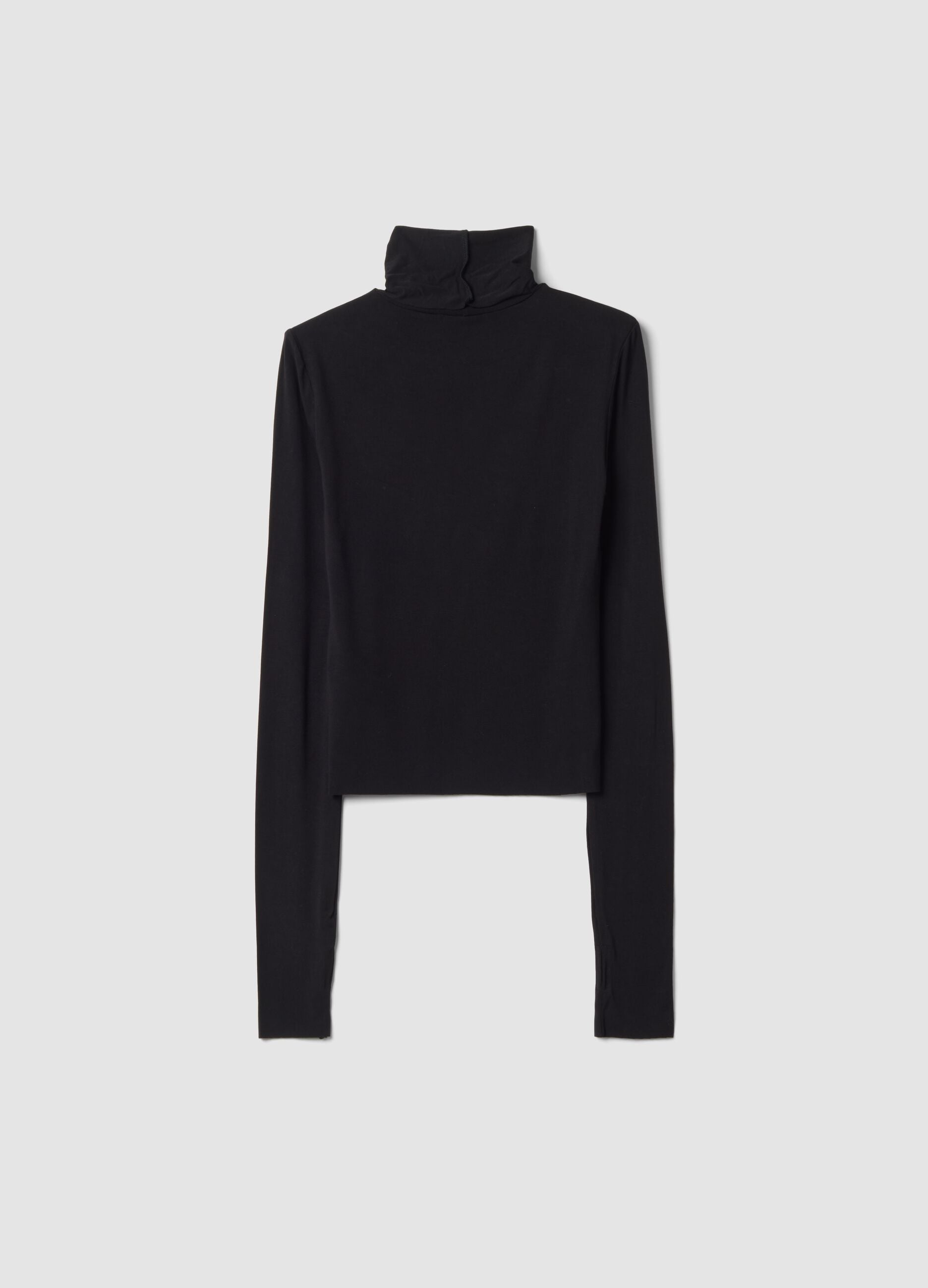 Black stretch viscose top with stand-up collar, slim fit