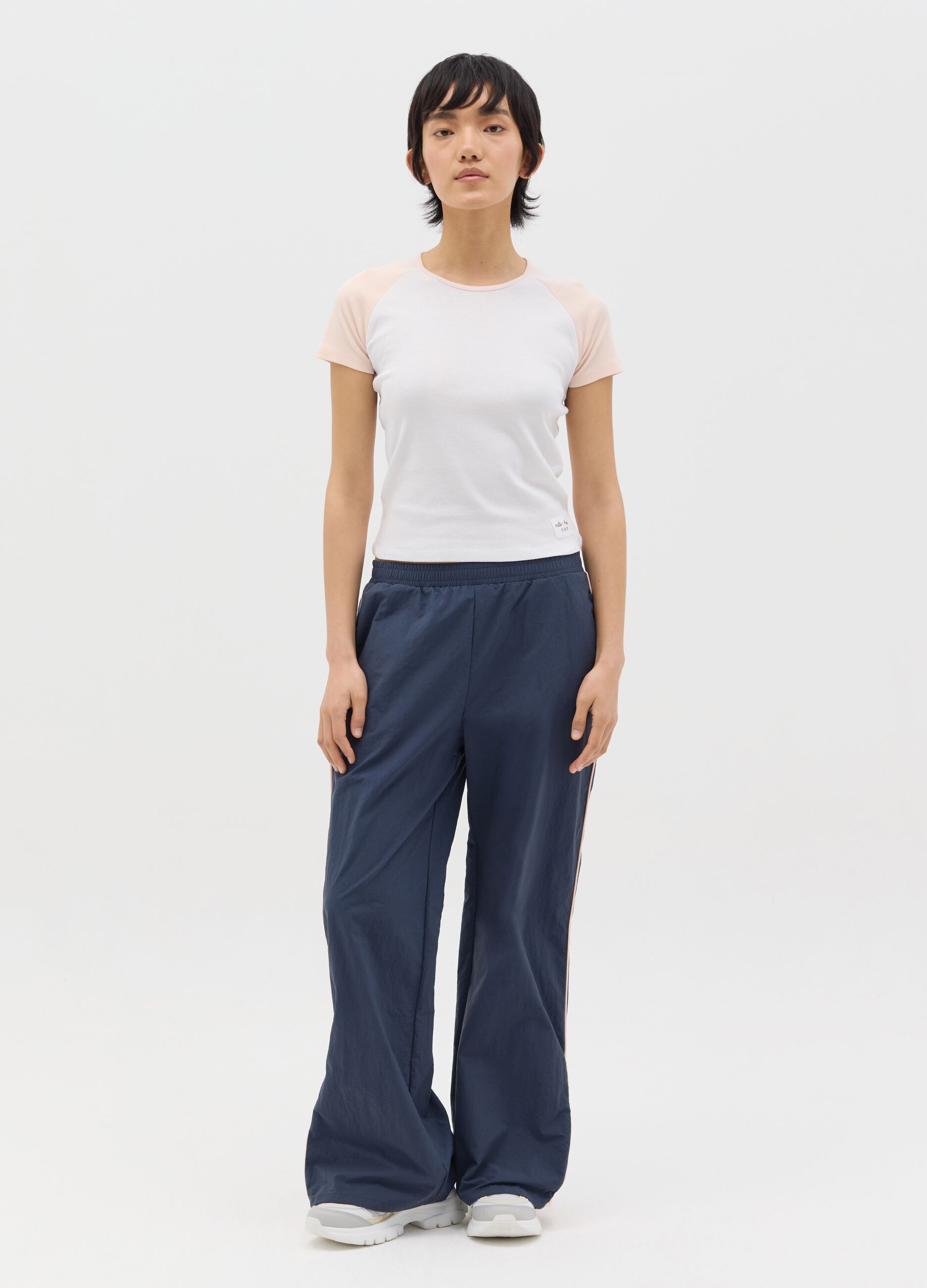 White T-shirt with pink raglan sleeves