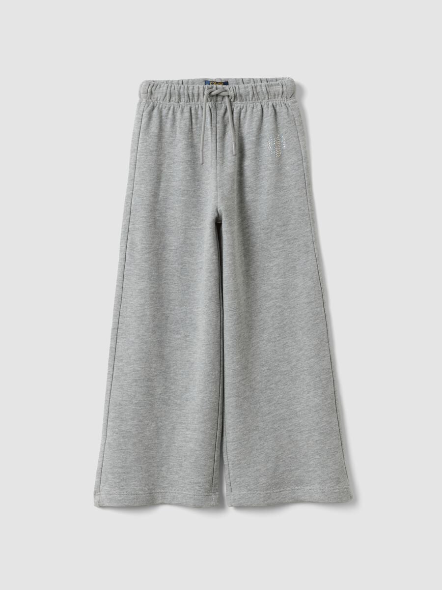 Pantaloni grigi in puro cotone con vita elasticizzata e strass per bambina_0