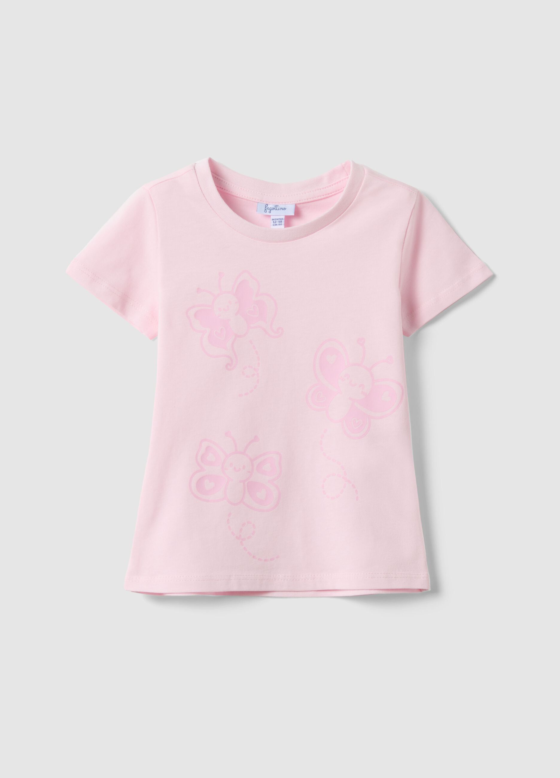 Girls' Pink Pure Cotton T-shirt with Butterflies, Regular Fit
