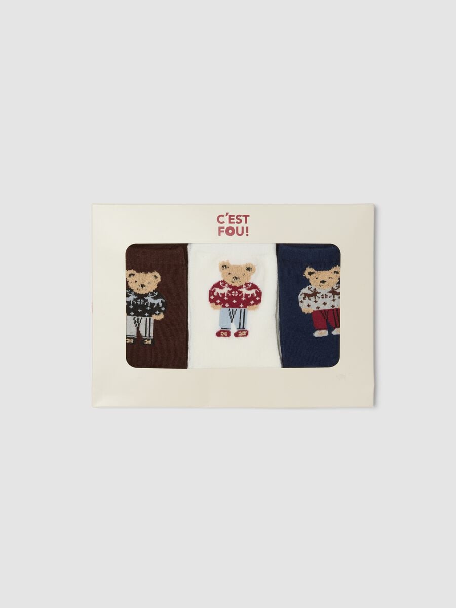 Multicolour stretch organic cotton three-pack socks with teddy bear_0